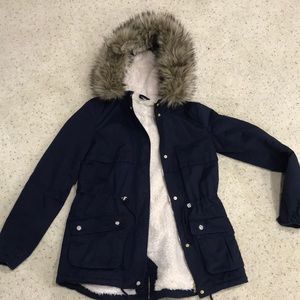 Navy Blue Parka with Fur Trimmed Hoodie